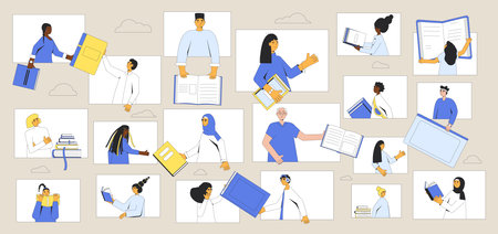 Bookcrossing online. Book swap and exchange. Learning community concept. Online education. Reading club. Vector color outline illustration.のイラスト素材