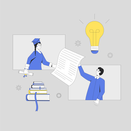 Graduate helps prepare student for exam. Learning community. Vector color outline illustration.のイラスト素材