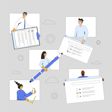 Students preparing for exam together. Learning community. Online education. People talking to each other about learning goals and collaborating on the Internet. Vector color outline illustration.のイラスト素材