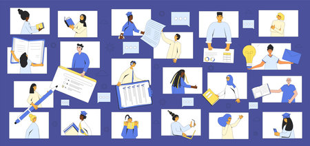 Students study together for exams. Global education. Learning community concept. Classmates chatting online. Internet conversations and collaborations between people. Vector flat illustration.のイラスト素材