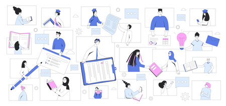 Global scientific community concept. Online education. Internet conversations and collaborations between students. Remote learning. Vector colorful outline illustration.のイラスト素材