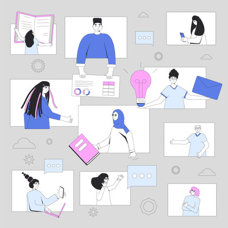 Teamwork. Chat and online communication between managers and their teams. Distant remote office. People talking to each other on the Internet and doing a project together. Vector illustration.のイラスト素材