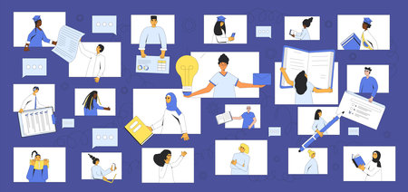 Group of undergraduate and graduate students studying together on the Internet. Learning community concept. Online education. Edtech platform. Vector outline illustration.のイラスト素材