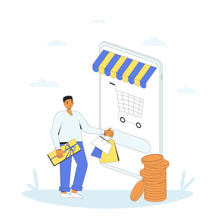 Online shopping. person with huge smartphone and shopping bags. Filled line vector illustration.のイラスト素材
