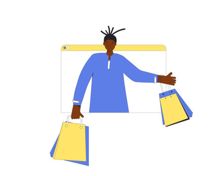Online shopping. Man with shopping bags. Filled line vector illustration.のイラスト素材