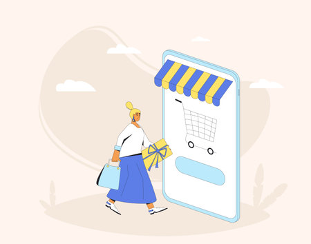 Online shopping. Woman with huge smartphone and shopping bags. Filled line vector illustration.のイラスト素材