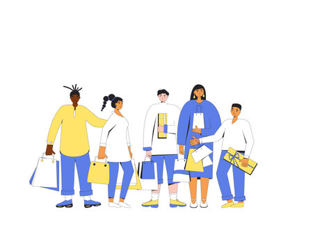 People with shopping bags. Women and men standing with their new goods. Male and female characters holding their purchases. Filled line vector illustration.のイラスト素材