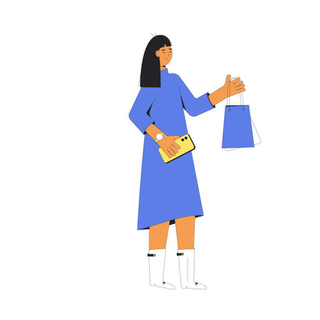 Young woman with shopping bags. Female person standing and holding her purchases. Filled line vector illustration.のイラスト素材