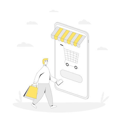 Online shopping. Man with huge smartphone and shopping bags. Filled line vector illustration.のイラスト素材