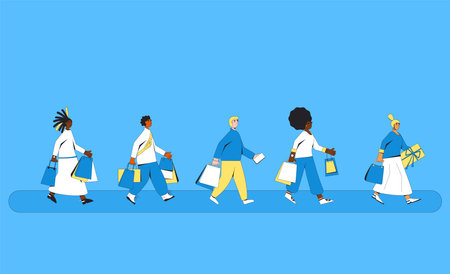 People with shopping bags. Women and men walking with their new goods. Male and female characters holding their purchases. Filled line vector illustration.のイラスト素材