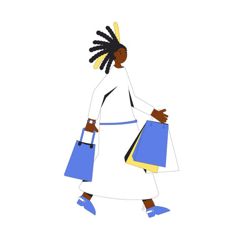 Young woman with shopping bags. Female person walking with her purchases. Filled line vector illustration.のイラスト素材