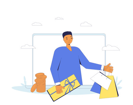 Online shopping. Man with shopping bags. Filled line vector illustration.のイラスト素材