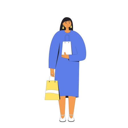 Young woman with shopping bags. Female person standing and holding her purchases. Filled line vector illustration.のイラスト素材