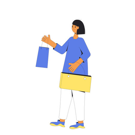 Young woman with shopping bags. Female person standing and holding her purchases. Filled line vector illustration.のイラスト素材
