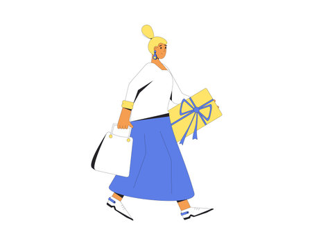 Young woman with shopping bags. Female person walking with her purchases. Filled line vector illustration.のイラスト素材