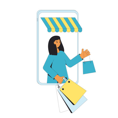 Online shopping. Woman with shopping bags. Filled line vector illustration.のイラスト素材