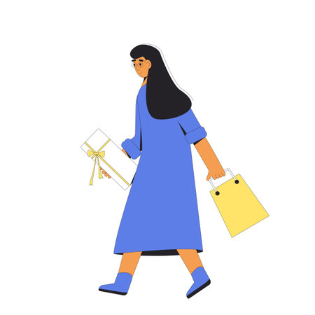 Young woman with shopping bags. Female person walking with her purchases. Filled line vector illustration.のイラスト素材