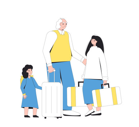 Family travel. Grandfather and granddaughters with bags and suitcases. Filled line vector illustration.のイラスト素材