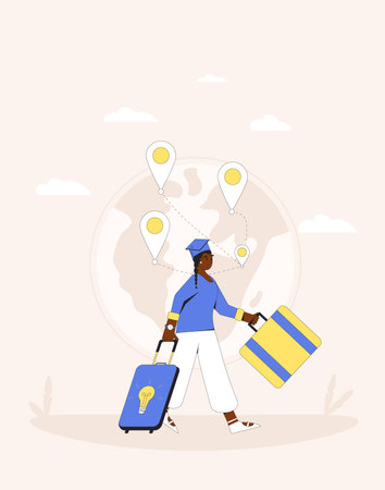 Brain drain. International migration. Educated woman leaving her country. Graduate walking with bag and suitcases. Filled line vector illustration.のイラスト素材