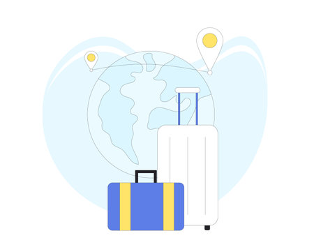 Travel sign. Suitcase, bag and globe with location point. Plan of journey. Filled line vector illustration.のイラスト素材