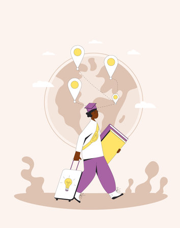Brain drain. International migration. Educated man leaving his country. Graduate walking with bag and suitcases. Filled line vector illustration.のイラスト素材