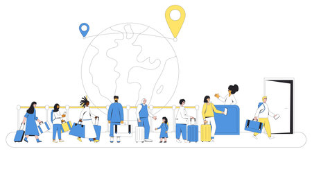International migration. Immigrants queue. Group of different people with bags and suitcases. Filled line vector illustration.のイラスト素材