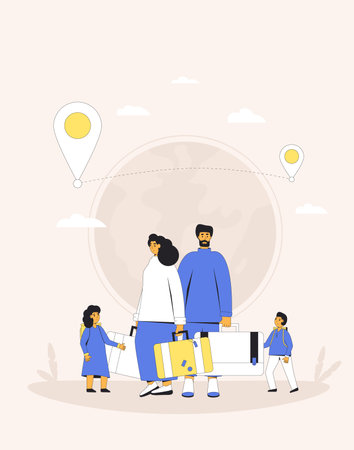 Family migration. Mother, fathers and son and daughters with bags and suitcases. Filled line vector illustration.のイラスト素材