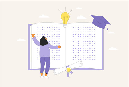 Inclusion in education. Welcoming environment for blind and low vision students. Young woman with braille book. Classroom equality. Vector illustration.のイラスト素材