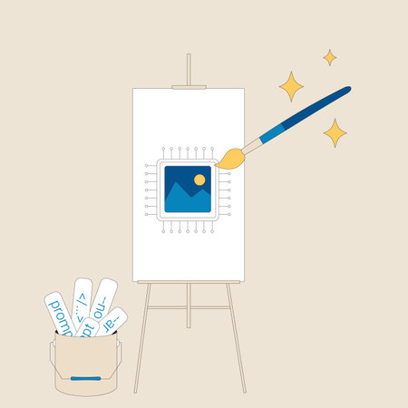 Text to image prompt engineering tools. Neuron network in visual art. Chip symbol as a painting on easel. Artificial intelligence helps to create painting. Working with AGI tools. Vector illustration.のイラスト素材