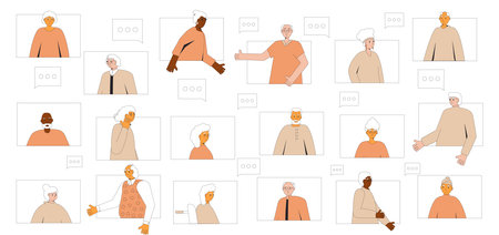 Senior aged people communication. Virtual group of elderly men and women have a conversation online. Old friends talk. Retirement community helps for dealing with loneliness and boredom. Vector illustration.のイラスト素材