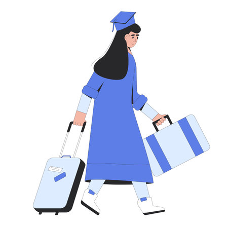 Graduate immigration program. Young student with travel bags. Vector outline illustration of isolated character.のイラスト素材