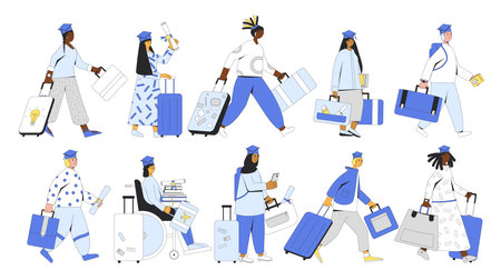 Colorful vector illustration set of isolated people with travel bags. Brain drain and graduate immigration program collection. Simple design set with outlineのイラスト素材