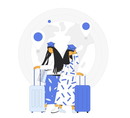 International exchange student. Graduate immigration path. Brain drain. Study abroad. Young adults with baggage. Colorful vector illustration with outline.のイラスト素材