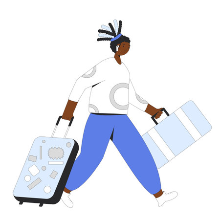 Tourist with bags. African american woman running with her baggage isolated. Filled line vector illustration.のイラスト素材