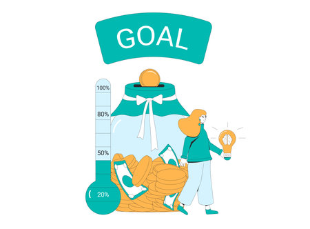 Save money for education. Fundraising concept. Startup goal. Woman with thermometer and moneybox. Donation event. Venture capital investments. Crowdfunding metaphor. Vector flat illustration.のイラスト素材