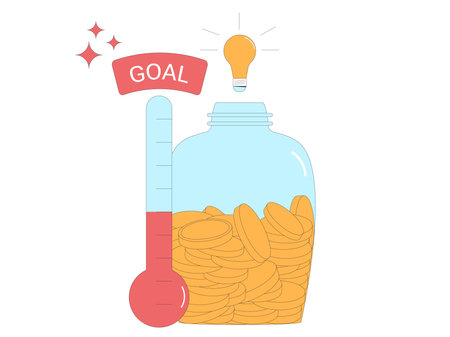 Donation event for non-profit fund. Fundraising concept. Startup goal. thermometer and jar moneybox. Crowdfunding metaphor. Vector flat illustration.のイラスト素材