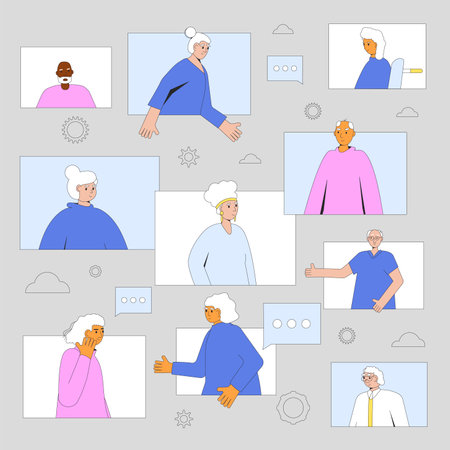 Video call between elders. Senior aged people communication online. Vector flat illustration.のイラスト素材