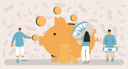 Save money. People standing around piggybank with coins and banknotes. Moneybox. Investments simple instruments. Family budget. Vector flat line illustration.のイラスト素材