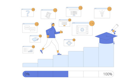 Gamification in learning progress. Student running up ladder for his diploma. Engagement and motivation in education. Vector illustration.のイラスト素材