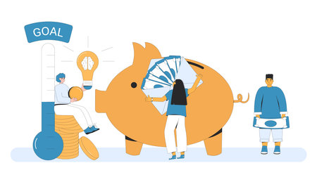 Fundraising concept. Founder pitching about business idea for sponsors. Startup goal. People with light bulb, thermometer and piggy bank. Crowdfunding event. Vector flat illustration.のイラスト素材