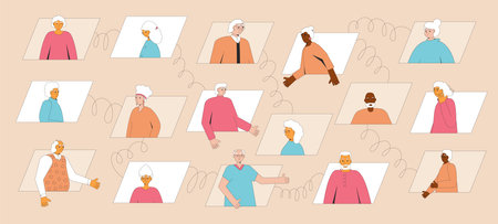 Senior aged people online meeting. Elderly men and women communication. Old friends remote talk....