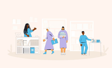 Bookstore. People in a bookshop buying a novels, nonfiction, scientific literature.Vector illustration.のイラスト素材