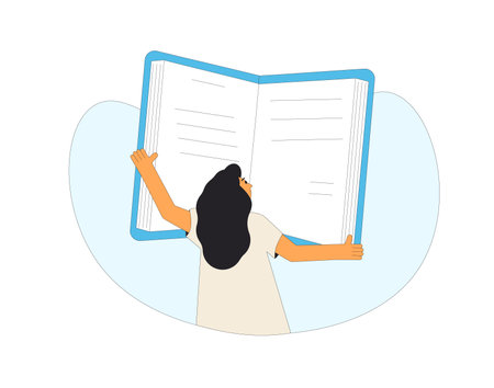 Teenage girl portrait with book isolated on white background. Literature fan. Books lover. Young woman reading a novel. Vector illustration.のイラスト素材