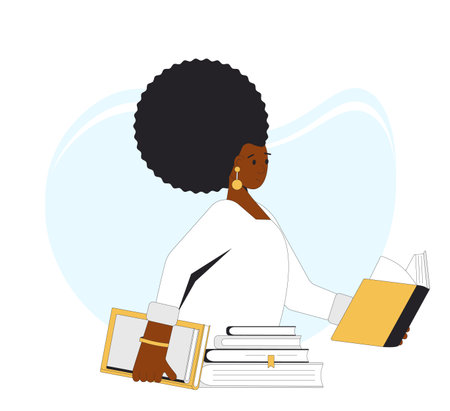 Young reading woman portrait. Pretty female person reading a book. Vector illustration.のイラスト素材