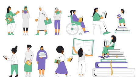 People with books set isolated. Literature fans. Books lovers. Vector colr illustration.のイラスト素材