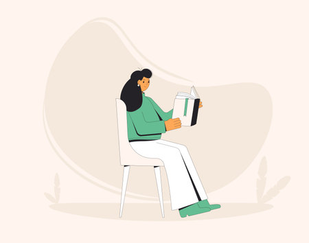 Woman sitting with book. Literature fan. Books lover. Young woman reading a novel. Vector color illustration.のイラスト素材