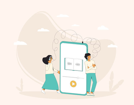 Young adults listening to audiobook. Teenagers and huge phone with education app. Vector illustration.のイラスト素材