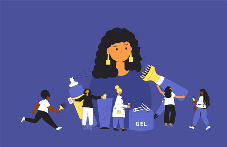 Curly girl styling method. Women with tools and hair cosmetics products for wavy, curl, coils, afro hairstyles. CGM hair concept. Vector illustrationのイラスト素材