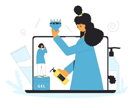Curly girl method rules. Blogger giving advice tools and hair cosmetics products for wavy, curl, coils, afro hairstyles. Tutorial or online training for home styling. Vector illustrationのイラスト素材