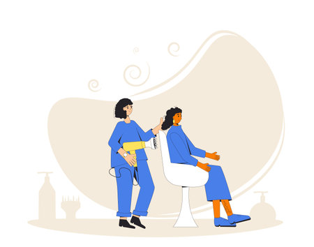 Hair salon. Hairstyle with hairdryer and duffuser nozzle. Curly girl method. Vector illustrationのイラスト素材